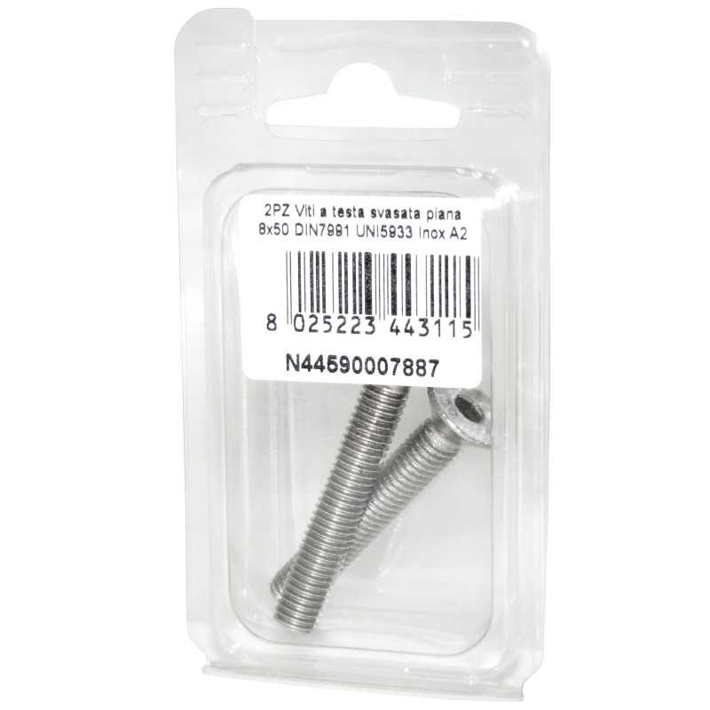 Viti Brugola DIN7991 UNI5933 Inox A2 a testa svasata piana 8x50mm 2pz