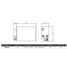 Boiler Isotemp Square Inox Volume 16Lt 5,5Bar Resistenza 230V 750W