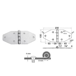 Maxi Cerniera in acciaio inossidabile AISI 316 230x100x4mm Asse 8mm