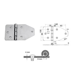 Maxi Cerniera in acciaio inossidabile AISI 316 180x100x4mm Asse 8mm