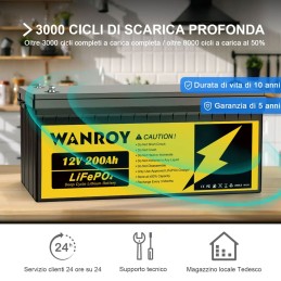 WANROY 12V 200Ah Batteria LiFePO4 con 100A BMS 12,8V 2560Wh