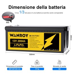 WANROY 12V 200Ah Batteria LiFePO4 con 100A BMS 12,8V 2560Wh